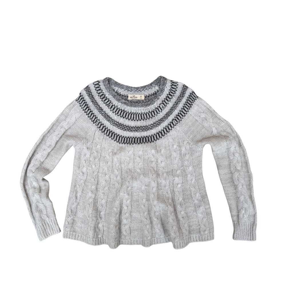 Hollister Womens Fair Isle Cable Knit Sweater Cream Grey Metallic M